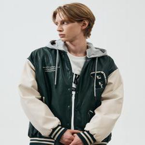 [엠할리데이] 로고 레더 패딩 바시티 점퍼 GREEN (MP1JU018-045)