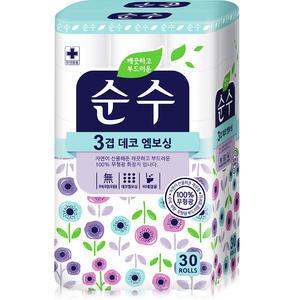 깨끗하고 부드러운 순수 3겹 30롤 무형광 두루마리 화장지