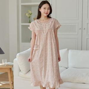 [알콩단잠]원피스잠옷 여성홈웨어 실내복 파자마 꽃무늬 면 반팔 홈드레스 라운지웨어_P393395818