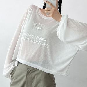 [삐까삐까]얇은 긴팔 레터링 크롭티 여성 여름 시스루 루즈핏 티셔츠 비치룩_P396734097