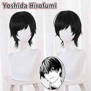 Anime Chainsaw Man 요시다 히로후미 코스프레 가발 35cm 짧은 검은 머리 내열성 합성 가발 할로윈 소품