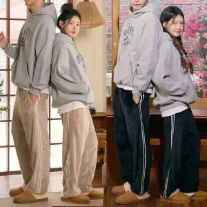 [무료배송] 남여공용 두꺼운 밍크 두줄 수면 바지 따뜻한 극세사 남성 여성 겨울 커플 울트라 잠옷