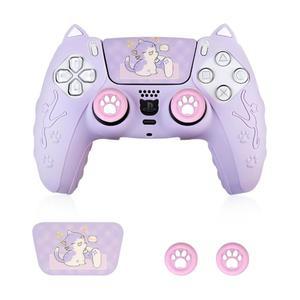 Rigych 컨트롤러 스킨, 미끄럼 방지 커버 케이스, 플레이스테이션 5 듀얼센스 무선(퍼플)용 엄지 그립 캡 포함