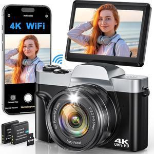 사진 촬영용 4K 디지털 카메라, YouTube용 WiFi 64MP 자동 초점 브이로그 3인치 180 플립 스크린, 16배 줌 안티셰이크 컴팩트 포인트 및 32GB SD 카드, 배터리 2개, 블랙 색상의 여행용 카메라 촬영