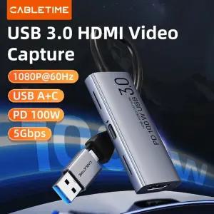캡쳐보드 CABLETIME USB 30 비디오 캡처 카드 PD 100W HDMI 5Gbps 4K 1080p 풀 HD PS5 Srteaming 스위치 레