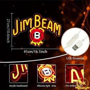 Jim Beam 위스키 LED 네온 사인 - 벽 장식을 위한 생생한 삽화 남자 동굴 상점 클럽 홈 바 파티 및 선물에