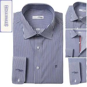 듀퐁셔츠 SE5SM12LS909SNY 구김 적은 일반핏 네이비 스트라이프 스트레치 삼선 포인트 소매 로고 스판 셔츠