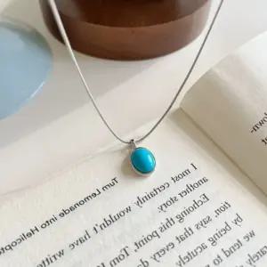 마리의집 실버 체인 목걸이 블루 터키석 펜던트 스톤 타원형