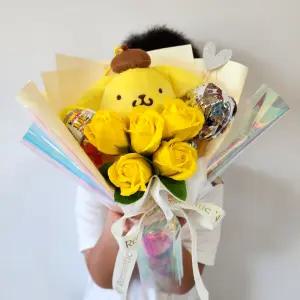 인형꽃다발 졸업선물 폼폼푸린 옐로 킨더조이 캡슐토이 오로라포장