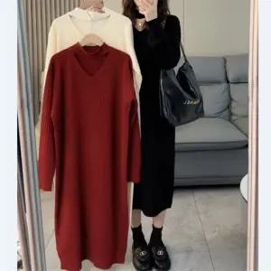 LN 이중 니트 브이넥 원피스 치마 가을 겨울 보온 여성 여자