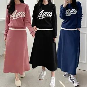[유야]여성 기모 레이어드 나염 맨투맨 롱 스커트 세트 SSST0089 겨울