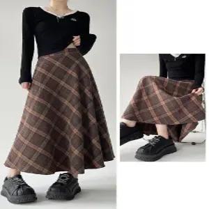 티류으스 여성 가을 겨울 미디 기장 하이웨이스트 체크 패턴 고무밴드 레트로 스타일 빅사이즈 롱 스커트 L