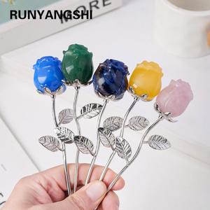 천연 크리스탈 공예 로즈 쿼츠 꽃 조각상 치유 보석 발렌타인 데이 골드 로드 장미 결혼 수집 1PC