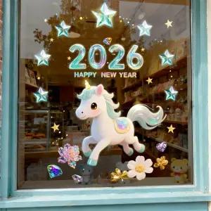 2026 해피뉴이어 유니콘 창문스티커 정전기시트지 새해 쇼윈도 대형 유리창 데코 꽃 별 스