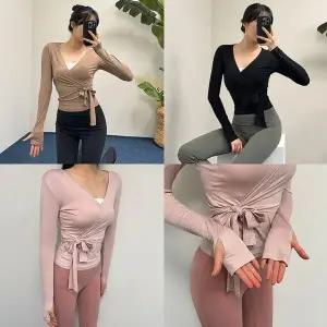 [하프클럽/]크로스랩애슬탑 요가복 랩티셔츠 필라테스 긴팔 핑거