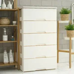 모던플러스 화이트오크 우드상판 플라스틱 서랍장 5단