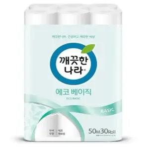 깨끗한나라 에코베이직 2겹화장지 50m 30롤 3팩 (90롤)