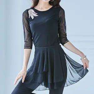 [까르죠아]어깨 꽃 블라우스 라인댄스복 차밍 줌바 스포츠댄스복 여성 여자