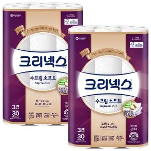 크리넥스 수프림 소프트 3겹 30롤 x 2팩 유한킴벌리 천연펄프 휴지