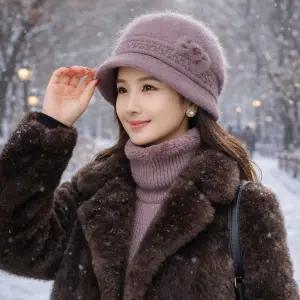따뜻한 중년 여성 겨울 벙거지 모자 퍼 안감으로 부드럽고 따뜻 꽃장식 엄마 할머니 니트 모직모자 선물