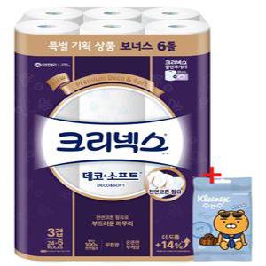 크리넥스 데코엔소프트 더도톰한 화장지 3겹 25m 24+6롤 1팩 + 카카오 프랜즈물티슈 리필 10매