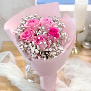 [그린테라피]장미 5송이 + 안개꽃 생화 꽃다발 포장