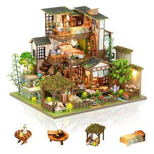 포유쿨 미니어처 하우스 키트 조명이 있는 작은 DIY 미니 건축 생일 크리스마스를 위한 특별한 선물 대나무 스프링 안뜰