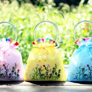 들꽃자수 손잡이 복주머니가방(투명핸들) 모시복주머니 고급형