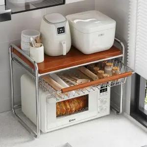 우드감성 2단 렌지대 슬라이딩 바구니 전자레인지 선반 주방정리 수납선반