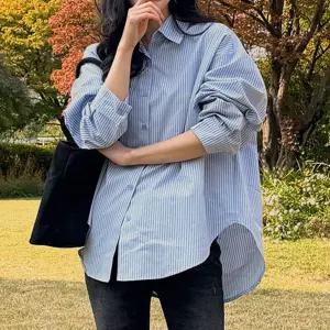 스트라이프 오버핏 카라 셔츠 긴팔 여성 빅사이즈
