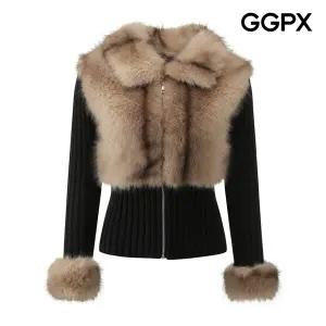 [GGPX] GPBKG031F 시크 페이크 퍼 배색 골지 집업 니트 가디건