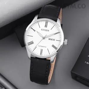 시티즌 NH8350-08A 오토매틱 클래식 로마 퓨어 화이트 데이데이트 남자 가죽 시계 c