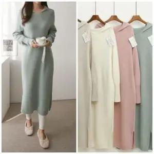 여성 홀가먼트 캐시미어 울 옆트임 후드 니트 롱원피스