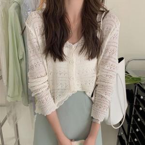 살안타템 여성 여름 시스루 펀칭 레이스 휴양지 긴팔 얇은 니트 가디건 CH269