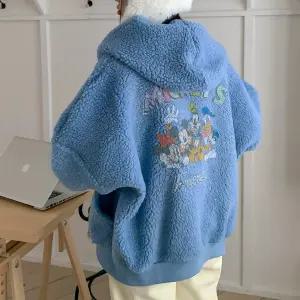 디즈니 미키 캐릭터 오버핏 양털 뽀글이 플리스 투웨이 집업 덤블 후드 맨투맨 후리스 점퍼