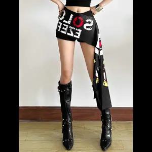 호환  SylCue 니엄 레터 프린트 재즈 댄싱 허리 벨트 다용도 랩 숄더 로우 웨이스트 스커트 여성 캐주얼 웨