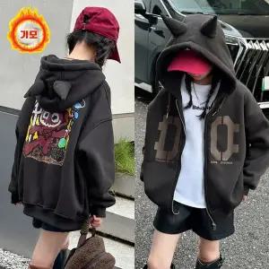 [삐삐네옷가게]초등 여아 키즈 데빌 기모 후드 집업 등원