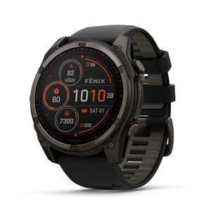 Garmin f nix 8~51mm, 솔라, 사파이어, 프리미엄 멀티스포츠 GPS 스마트워치, 오래 지속되는 배터리 수명, 급강하, 내장 LED 손전등, 카본 그레이 DLC 티타늄 및 페블 밴드 포함