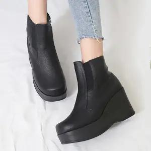 [올팜슈즈] 여성 수제화 베이직 통굽 키높이 9cm 가보시 앵클부츠 첼시부츠 국내제작