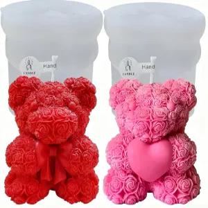 2PCS 로즈 베어 실리콘 몰드 3D 테디 캔들 제작 에폭시 수지 DIY 왁스 아트 크래프트 케이크 초콜릿 홈