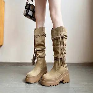시크덩꼬 양가죽 태슬 셔링 웨스턴 스웨이드 웨지 롱부츠