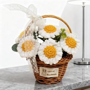 졸업꽃다발 수제 크로셰 꽃다발 어머니의 크리스마스 추수감사절 데코를 위한 뜨개질한 흰색