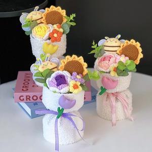 졸업꽃다발 코바늘 꽃다발 졸업 선물 해바라기 수제 뜨개질 발렌타인데이 어머니의 생일 데코