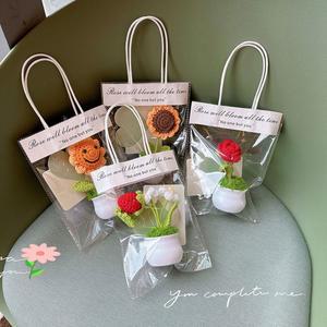 졸업꽃다발 미니 해바라기 크로셰 꽃 부케 수제 짠 화분에 심은 인공 니트 졸업 선물