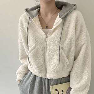 더벨러리 여성 뽀글이 크롭 후드 집업 자켓 BKJ4704 겨울 양털 숏 후리스 지퍼