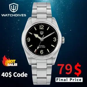 호환 Watchdives WD1960S V2 36.5mm 남성용 쿼츠 시계 VH31 스윕 세컨즈 무브먼트 사파이어 크리스탈 BGW9C