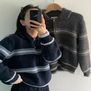 울 코펜 배색 카라 집업 니트 (2color)