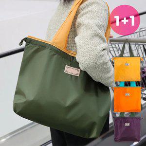 [1개+1개] 대용량 접이식 장바구니 포켓형 배색 에코백 휴대용 튼튼한 캠핑 다용도 가
