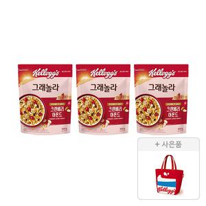 켈로그 크랜베리 아몬드 그래놀라 500g, 3개+증정(리유저블백 빨강, 1개)