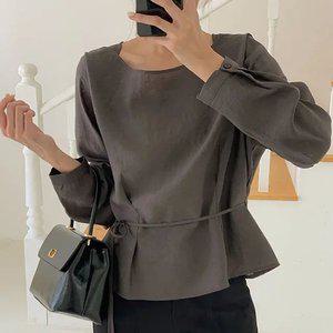 로맨티 핀턱 절개 스트랩 블라우스 하객룩 타이블라우스 긴팔